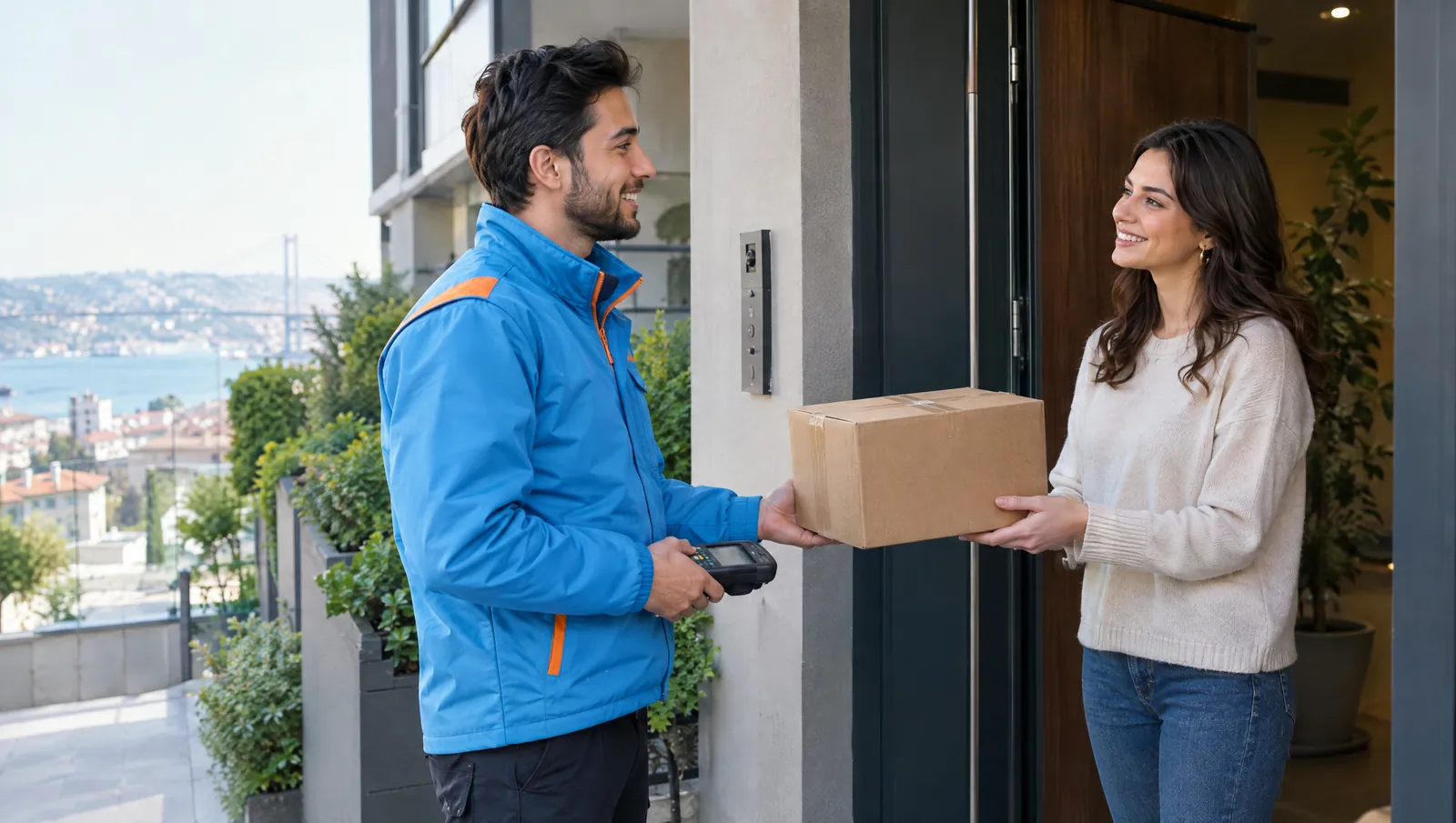 Mavi üniformalı kurye, apartman kapısında gülümseyen bir kadına karton koli teslim ediyor