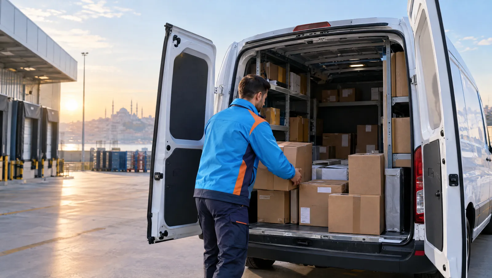 Mavi üniformalı kurye, şafak vakti şube yükleme alanında beyaz kamyonetin arkasına kolileri diziyor